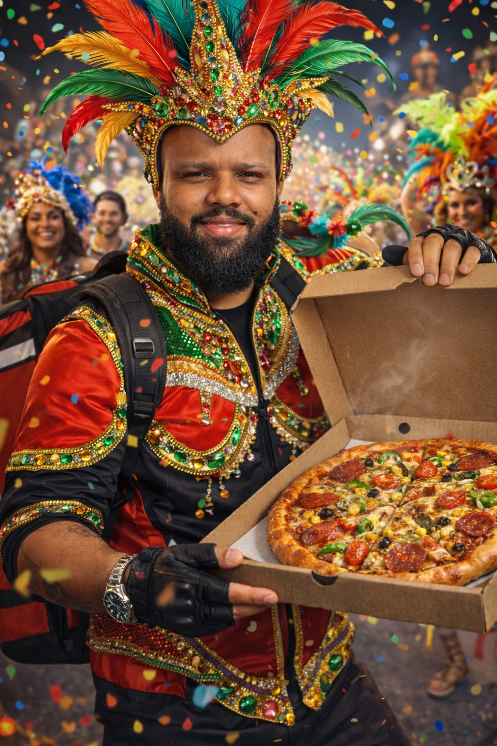 Pôster Bloco dos Dados 2026: Entregador de pizza futurista no carnaval com o texto 'Por menos que uma pizza, você vai além do gráfico de pizza'